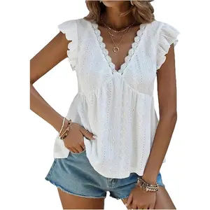 Women's Lace Trimmed V Neck Ruffled Sleeve Flared Eyelet Tank Blouse Top