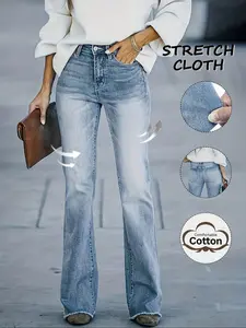 Women's Casual Fitted Denim Jeans, Elastic Slight Flare Long Pants, Button Fly Closure, All Seasons Wear, Daily