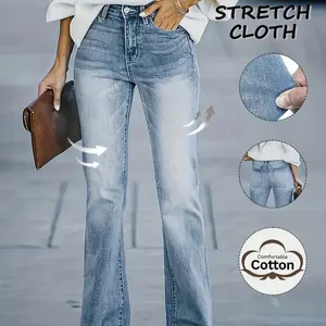 Women's Casual Fitted Light Wash Denim Jeans with Pocket, Elastic Slight Flare Long Pants, Button Fly Closure, All Seasons Wear, Daily