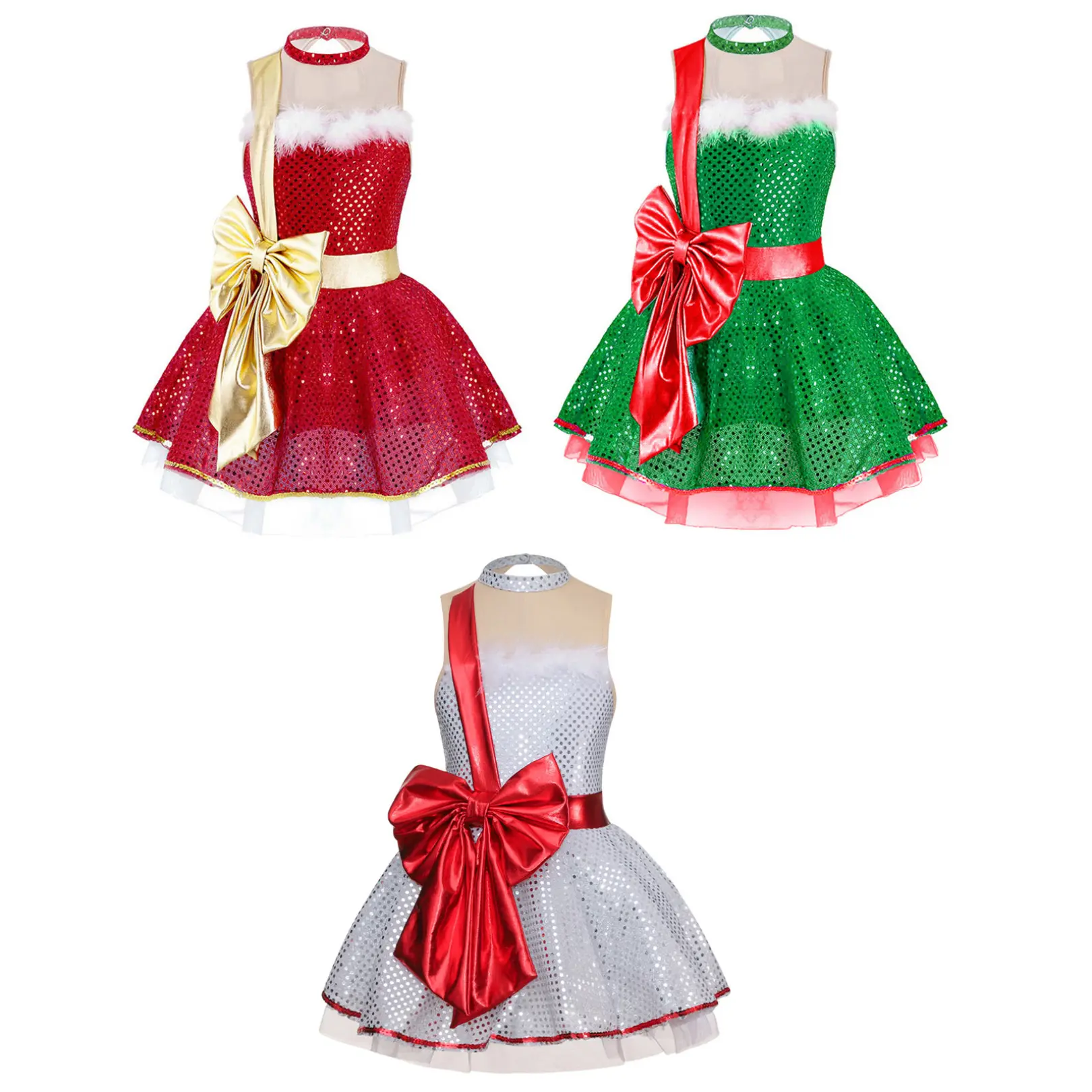 easyforever Girls' Sequin Christmas Party Ice Skating Dance Tutu Dress Leotard, Kids' Santa Claus Costume, Sequins, Dancewear, Performance, Polyester Mix, Buttons, Sleeveless Shirt, Nylon, Polyester Blend, Metallic