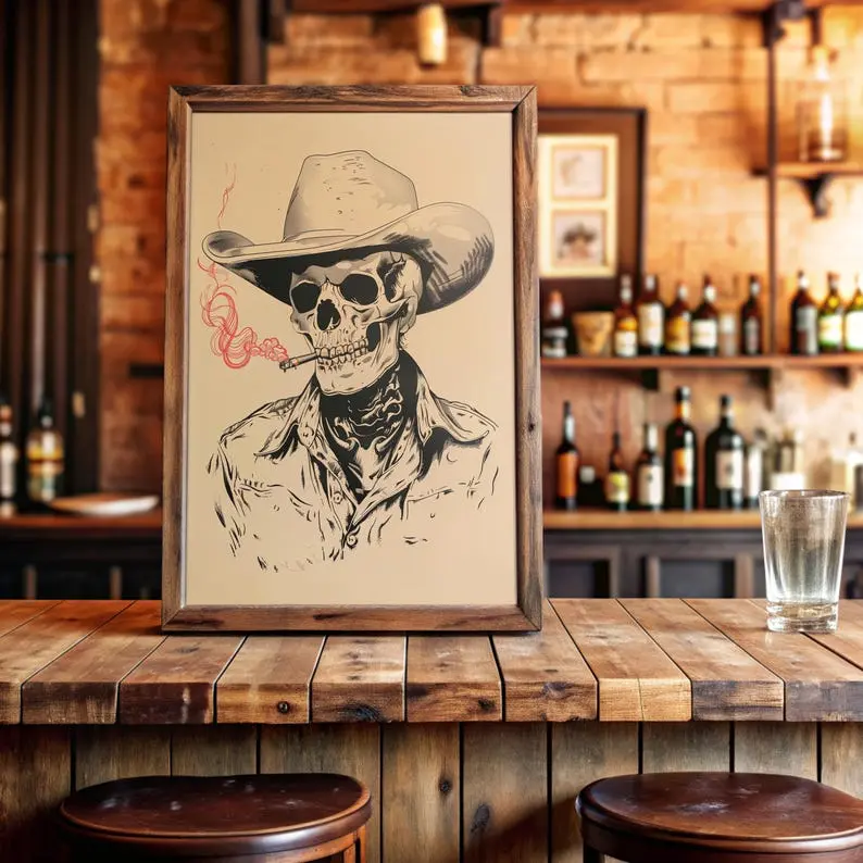 Skeleton Cowboy Art Print: Vintage Western Memento Mori Decor
