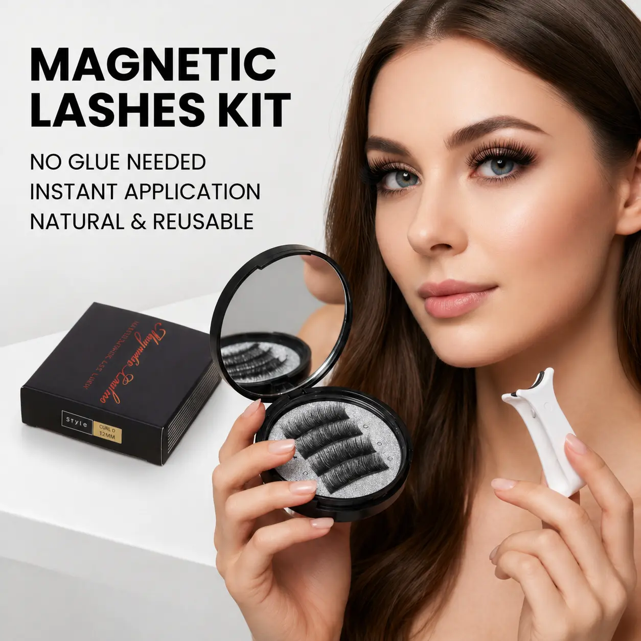 [S]Magnetic Eyelashes Kit - Eyelash Clusters with Applicator Eyelash Curlers & Eyebrow Kit Glue-Free Waterproof Lightweight 8-16mm