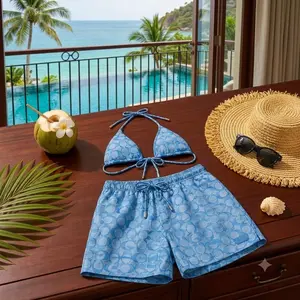 Luxury Monogram Matching Couple Swimsuit Set Women Sky Blue Halter Triangle Top Tie Front Bottom + Men Board Shorts Designer Print Resort Beach Vacation Pool Party Summer Gift 2026