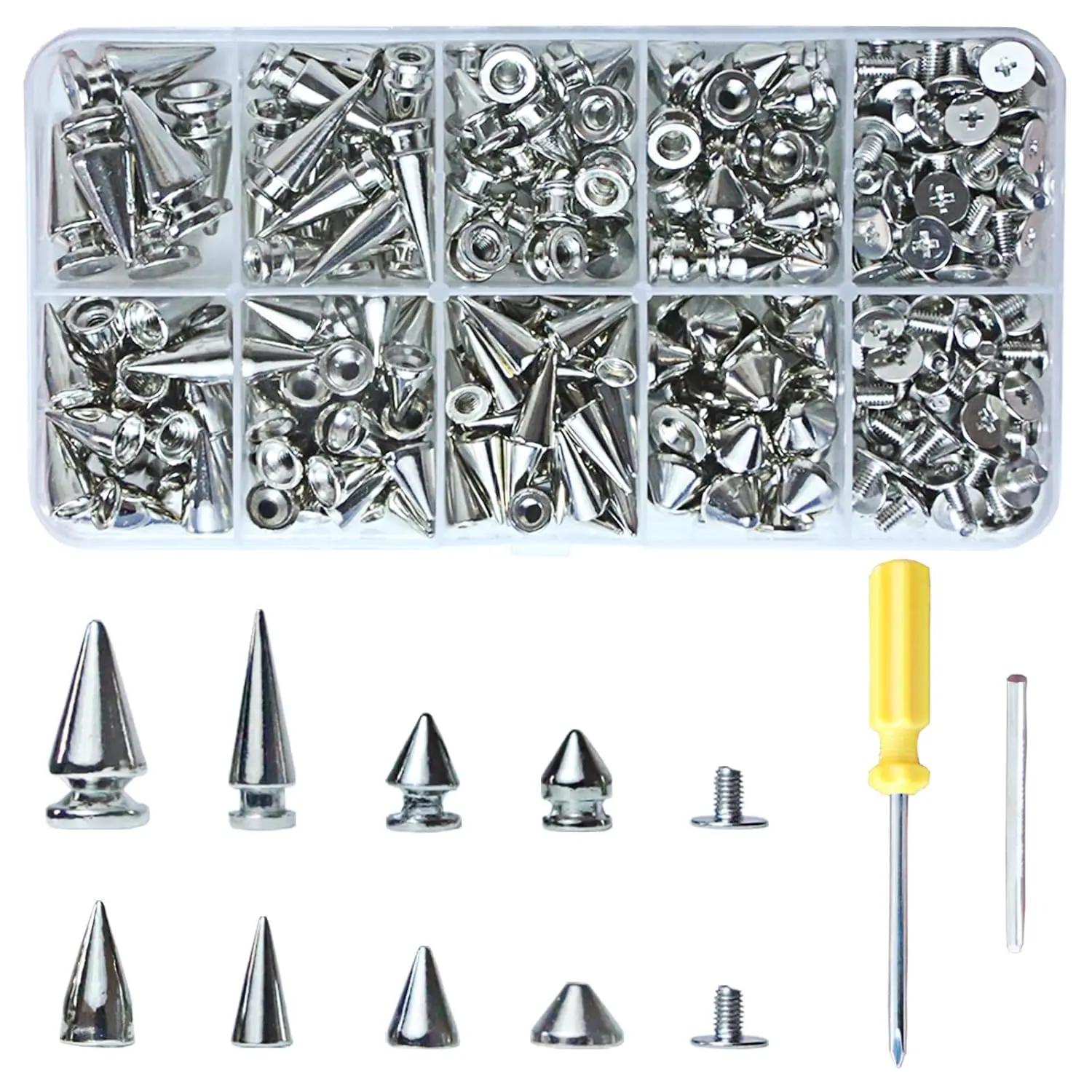 354-Set Multi-Size Metal Cone & Tree Spikes Leathercraft Accessory Kit - for Punk Style Clothing, DIY Craft Decoration