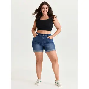 BLOOMCHIC Women's Plus Size Curve-Friendly Stretch Denim Shorts - M-6X Fit Cotton-Spandex Flex Denim Bottoms with Fabric Pockets, 2026 Summer Casual Fashion Above Knee Pocketed Shorts,Spotlight,Summer wins,Deals for you days Blue Womenswear
