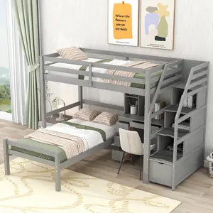 desk bed Twin Size Loft Bed with a Stand-alone Bed, Storage Staircase, Desk, Shelves and Drawers, Gray