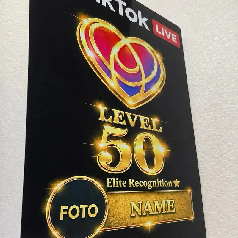 Personalized TikTok LIVE Level 50 Recognition Plaque, Custom Adult Creator Award with Photo Artwork Print Frame, Dye Sublimation Aluminum Streamer Gift Wall Decor Wall Sign Acrylic Plaque Sign