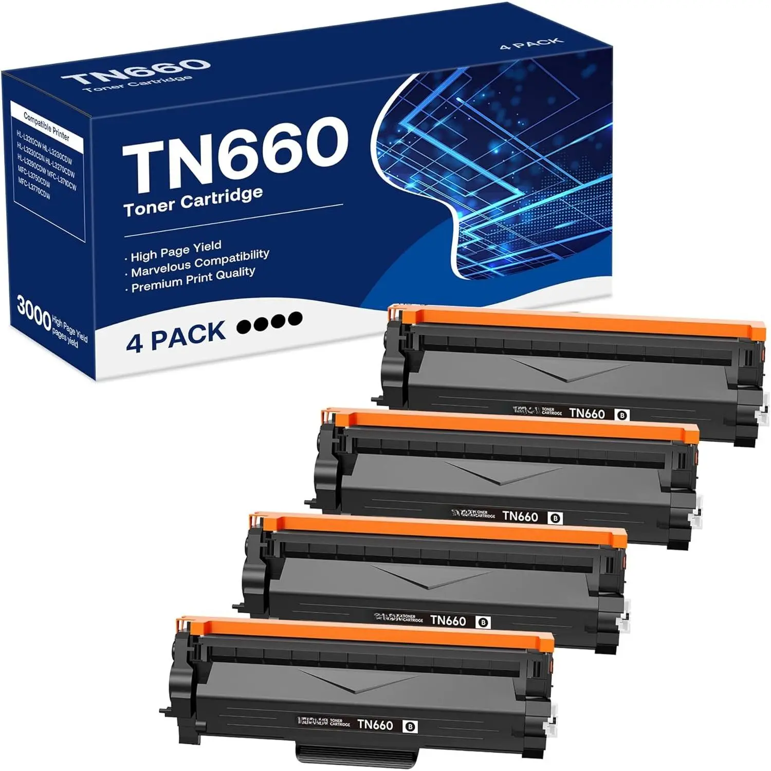 Compatible Toner  Replacement for Brother TN660 TN-660 TN630 High Yield Work with HL-L2300D HL-L2360DW MFC-L2740DW MFC-L2700DWR DCP-L2540DN Printer(Black,4 Pack)