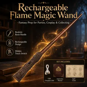 Rechargeable Flame Magic Wand Prop, Resin Wizard Wand with Flame Effect, Fantasy Cosplay Wand for Parties, Stage Shows, Halloween Costumes, Collectible Magic Wand Gift Set with USB Cable and Spell Card