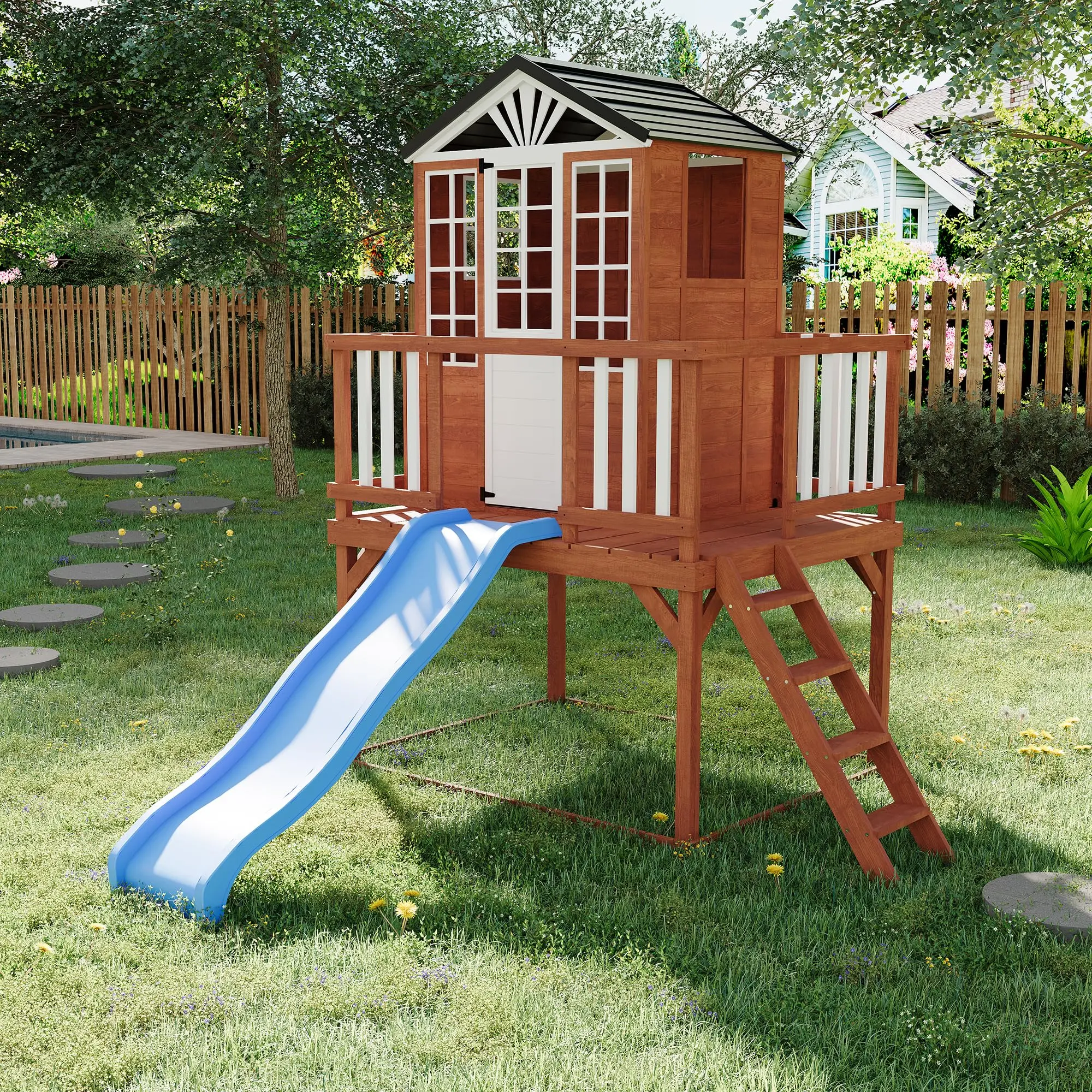 GAOMON Kids Outdoor Play Cedar Wooden Playhouse - 2-Story Elevated Kids Outdoor Play Set with Climbing Wall, Slide, Ideal Children's Day Gift for Home Garden, Outdoor Play Sets