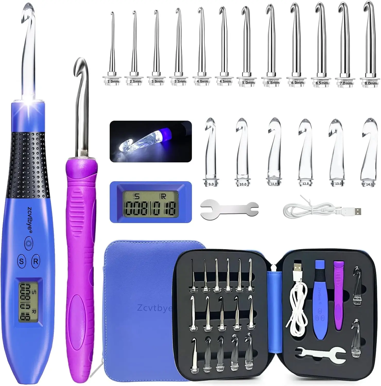 18 Size Light Up Crochet Hook Set with Digital Counter, Ergonomic Crochet Hooks for Arthritic Hands, 2.0–14.0mm Interchangeable Crochet Hooks with Case, Rechargeable and Beginner-Friendly