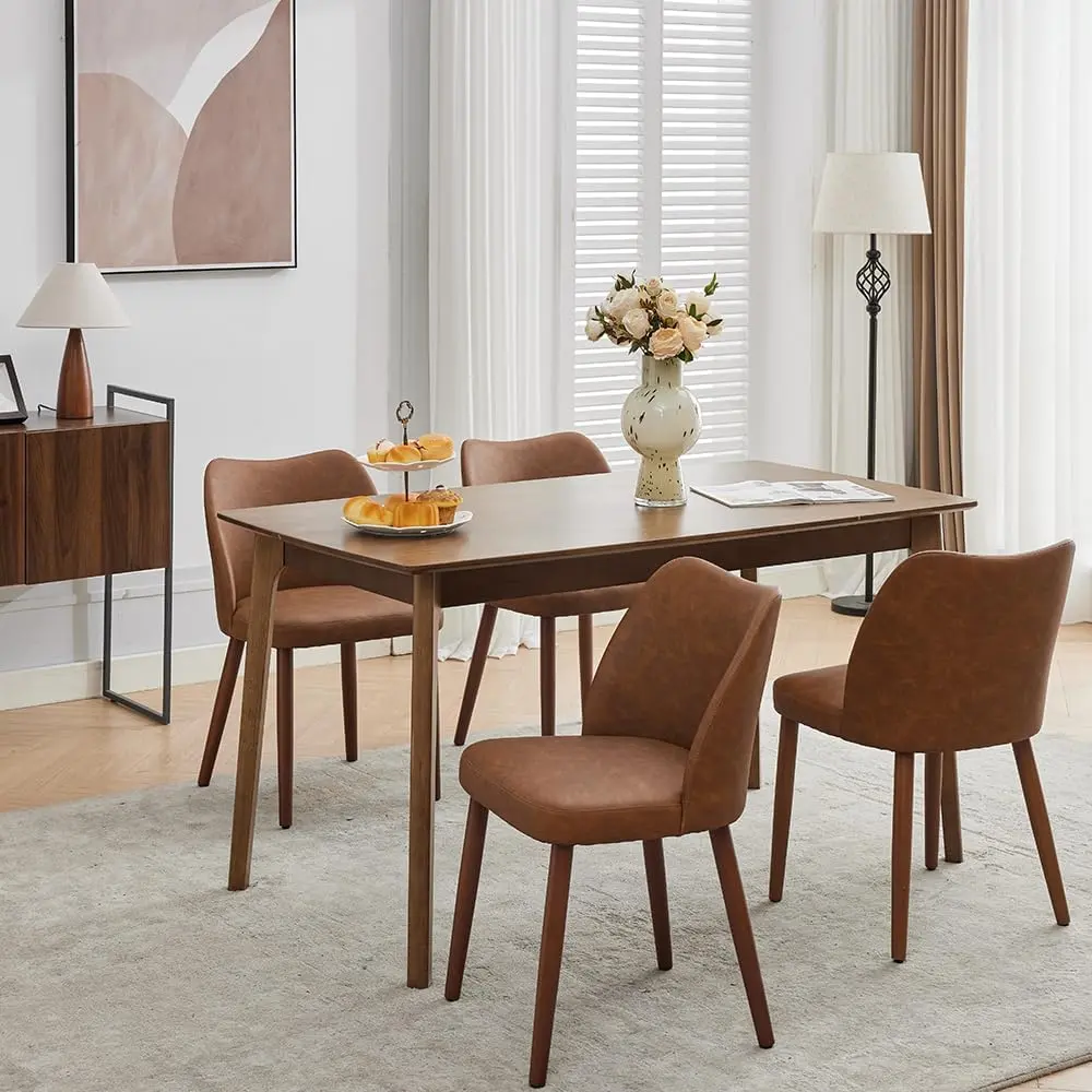 Garvee Leather Dining Chairs Set of 4 Upholstered PU Dining Chair with Wood Legs, Wing Backrest, Wooden Kitchen Chairs with Thick Cushions, Leveling Feet for Dining Room, Living Room, Brown
