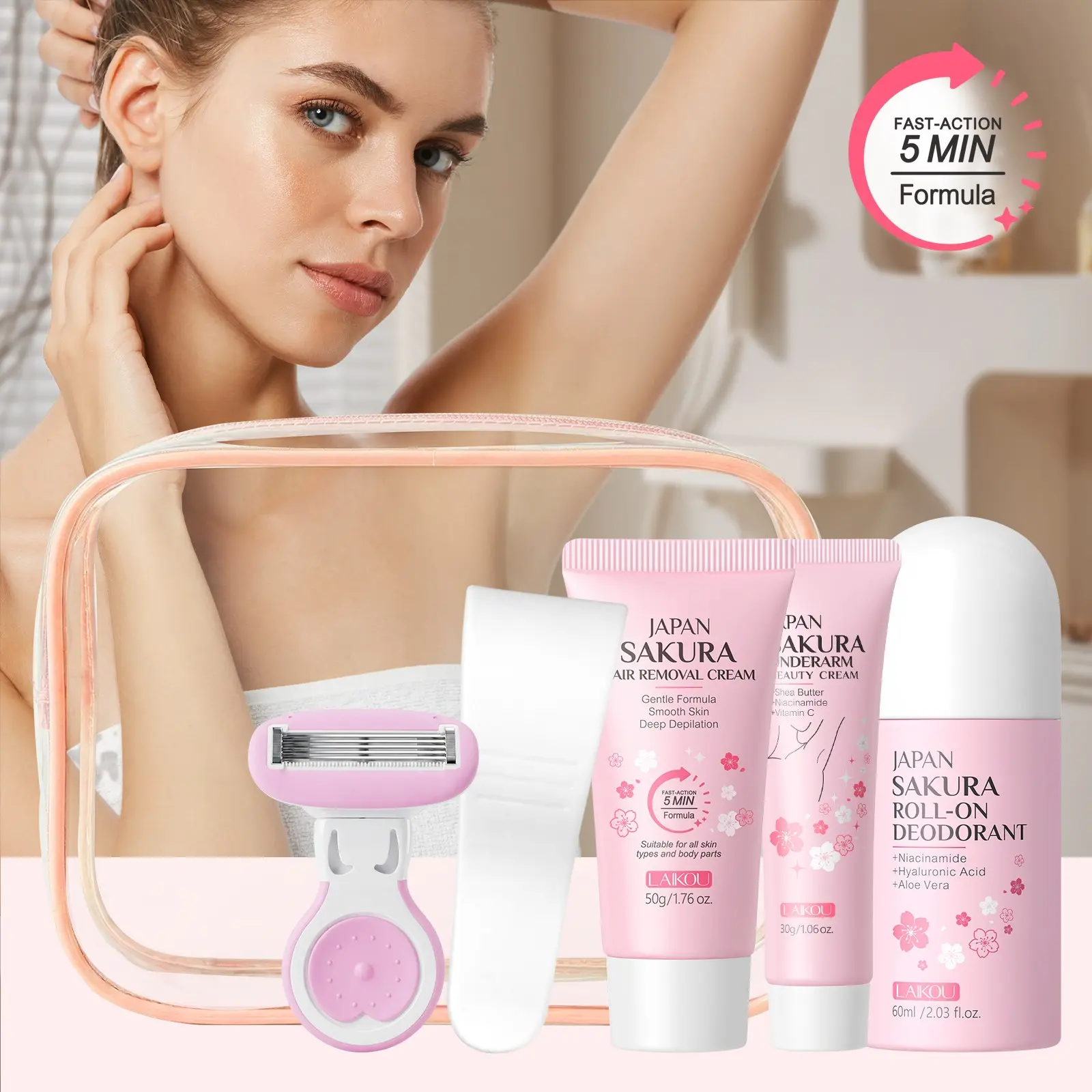 LAIKOU Japan Sakura Underarm Beauty & Hair Removal Set: Body Hair Remover, Cream, Deodorant, Razor & Large Pink Waterproof Carry Bag, Long Lasting Freshness, Gentle Hair Removal, Easy Hair Removal, Safe Hair Remover, Hair Removal Solution