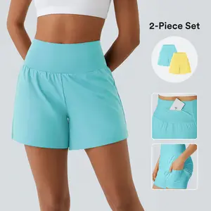 Halara 2-Piece Super High Waisted Back Pocket & Side Hidden Pocket 2-in-1 Yoga Shorts Set 5''-Longer Length