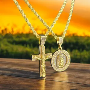 Jesus Crucifixion Cross & Jesus Head Medal CZ Religious Pendant & 4mm 24" Rope Chain 2 Fashion Necklace Set