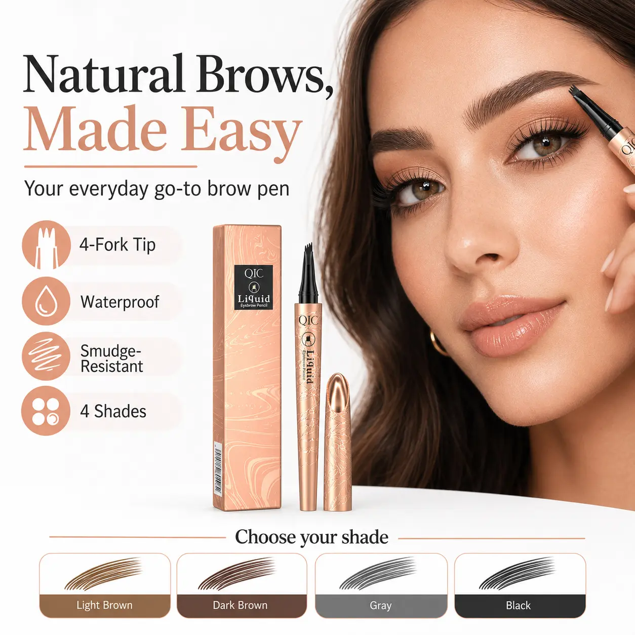 4-Prong Liquid Eyebrow Pen for Brow Shaping, Waterproof Smudge-Proof Brow Pen with All-Day Hold, Natural Stroke Hair-Like Lines, Easy Fill & Define Eyebrow Makeup (4 Shades)