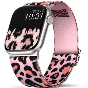 MissAir Trendy Pink Leopard Print Watch Band Compatible with Apple Watch Series 1-10 SE Ultra Stretchy Adjustable Elastic Fabric for Women - Wearable