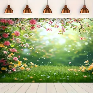 Reusable Polyester Flower Print Banner - Vibrant Spring Design, Green Grass Accent, No Power Required, Ideal for Weddings, Indoor-Outdoor Wall Decor & Festive Party Supplies Backdrop