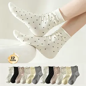 Women's  Polka Dot Crew Socks (12 Pairs) - Cute Ruffle Cuff Cotton, Casual Retro Womenswear for Daily Wear