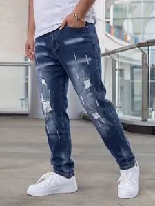 Men's Ripped Stretch Stretchy Slim Fit Classic Jeans, Streetwear Fashion Straight Leg for Daily Wear, Casual Long Pants, All Seasons, Button Fly Closure