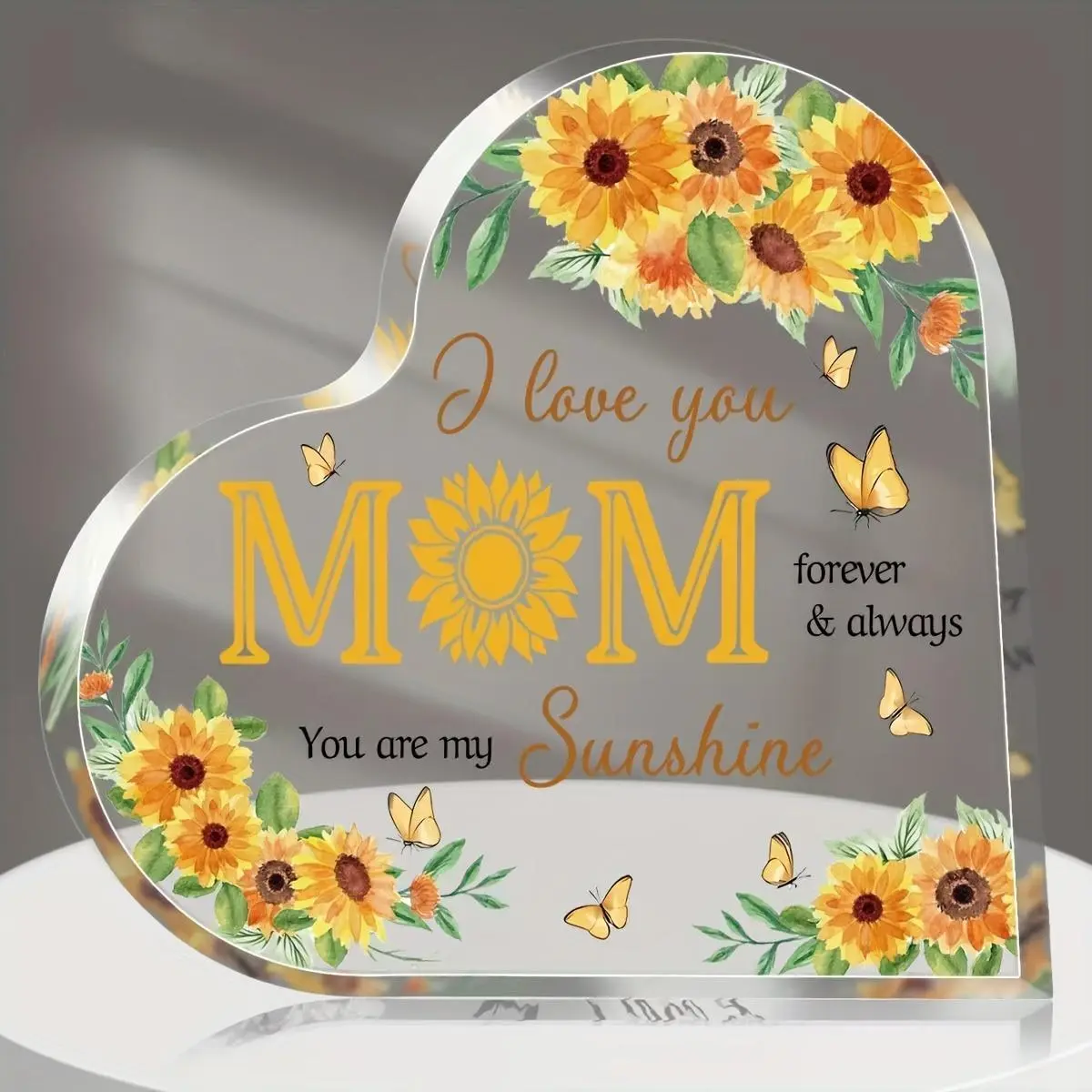 Flower Pattern Acrylic Heart Shaped Decorative Plaque, Creative Sunflower Acrylic Heart Plaque, Mom Present, Birthday Gift for Mom, Home Decor, Signs