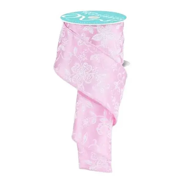 2.5" x 10yd Dainty Floral Applique Ribbon – Bright Pink/White