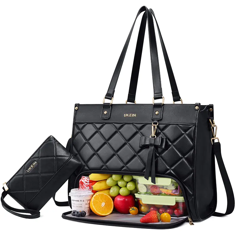 UKEIN Insulated Aesthetic Coquette Tote, Quilted High-Capacity Cooler, Hangable Multi-Compartment Design with Adjustable Strap, Lunch Bags For Women, Pu Leather, Leakproof, School, Back To School Haul, Waterproof, Work