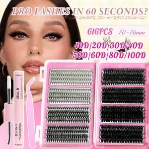 DIY Lash Extension Kit 616PCS, 10D-100D Mixed Volume Cluster Lashes, 10-16mm D Curl, Bond Glue & Tweezers Included, Gentle Lash Adhesive, Soft Natural to Mega Volume, Easy at-Home Lash Kit for Beginners & Pros, False Eyelash Kit