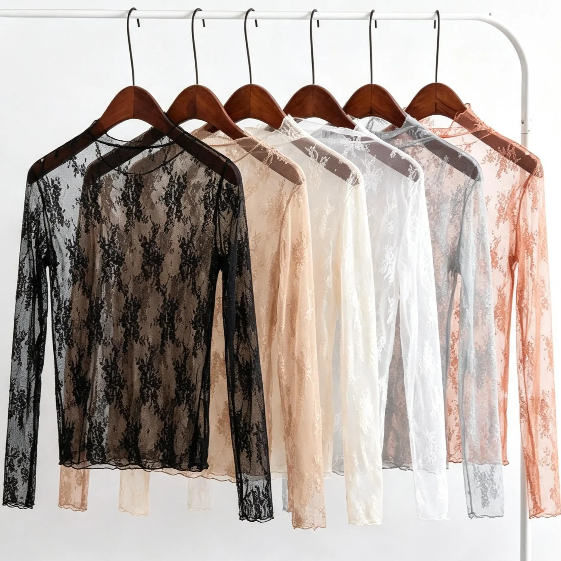 2PCS/3PCS Half High Collar Lace Undershirt for Women New Summer Collection with Black Fungus Edge Mesh Long Sleeved Inner Top Five Colors Womenswear Blouses