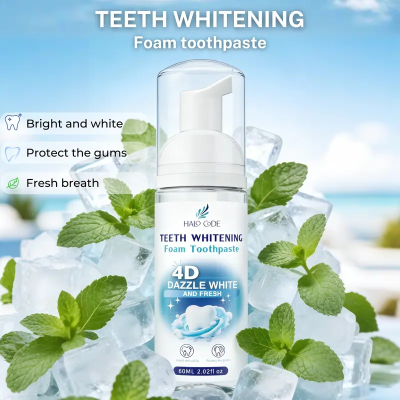 Halo Code 4D Dazzle White Foam Toothpaste for Adults Effective Oral Care Bad Breath Killer Natural Herbal Fresh Breath Teeth Whitening Fluoride-Free Mint Flavor 2-in-1 Solution 60ml