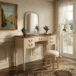46"  Vintage Makeup Vanity with  Curved Flower Frame Mirror, Elegant Dressing Table with 5 Drawers and Leather Stool, Vanity Desk with Solid Wood Legs and Antique Handles for Bedroom
