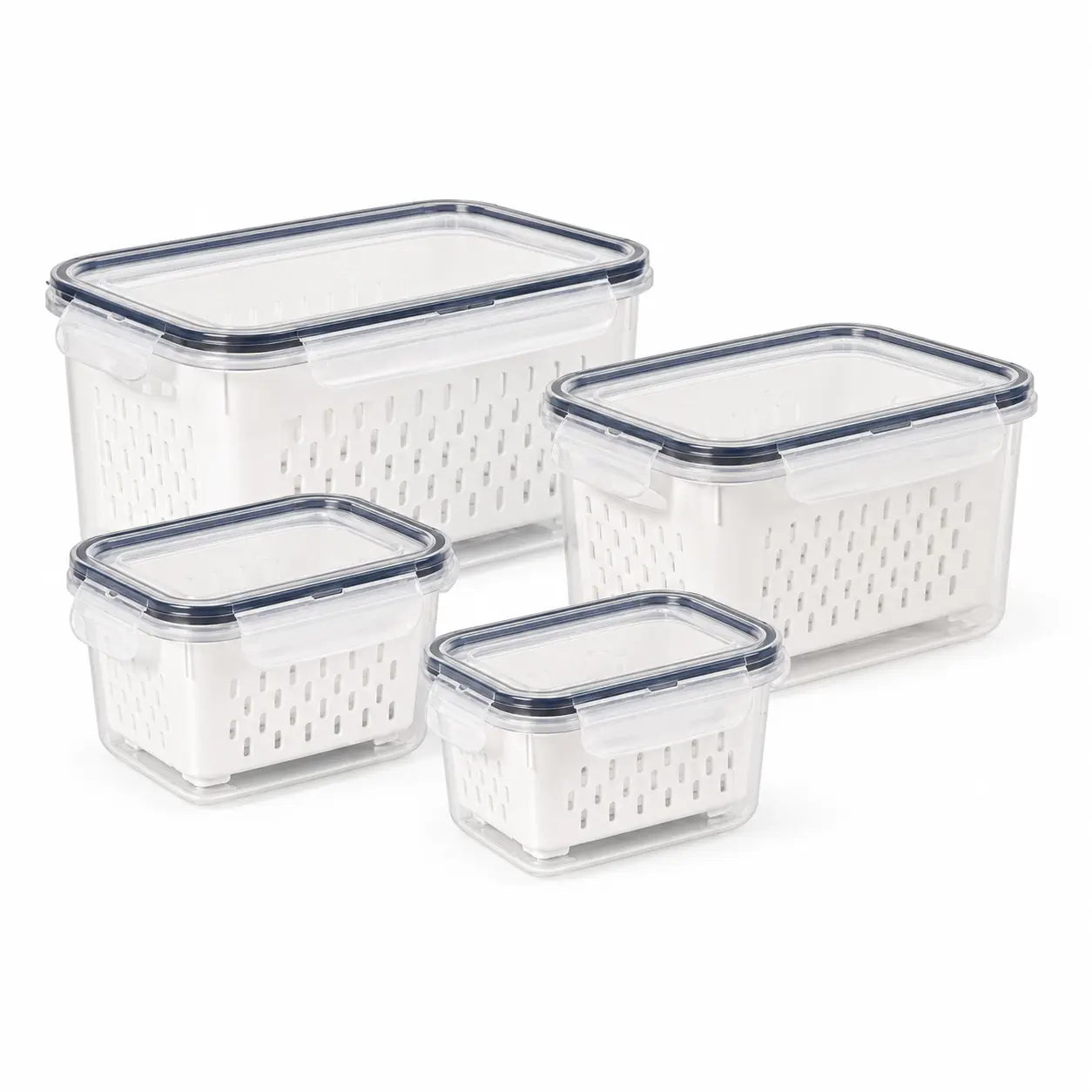 4-Piece Fridge Organization Bins with Removable Drain Baskets, Snap-Lock Flip Top Lids & Stackable Design, Food Storage Containers with Food Cover for Fruit, Daily Meal Prep