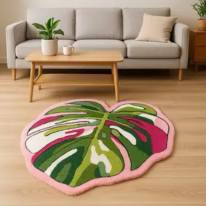 Monstera Deliciosa Pink Leaf Rug - Vibrant Leaf Design for Living Room Decor - Soft and Durable Floor Mat