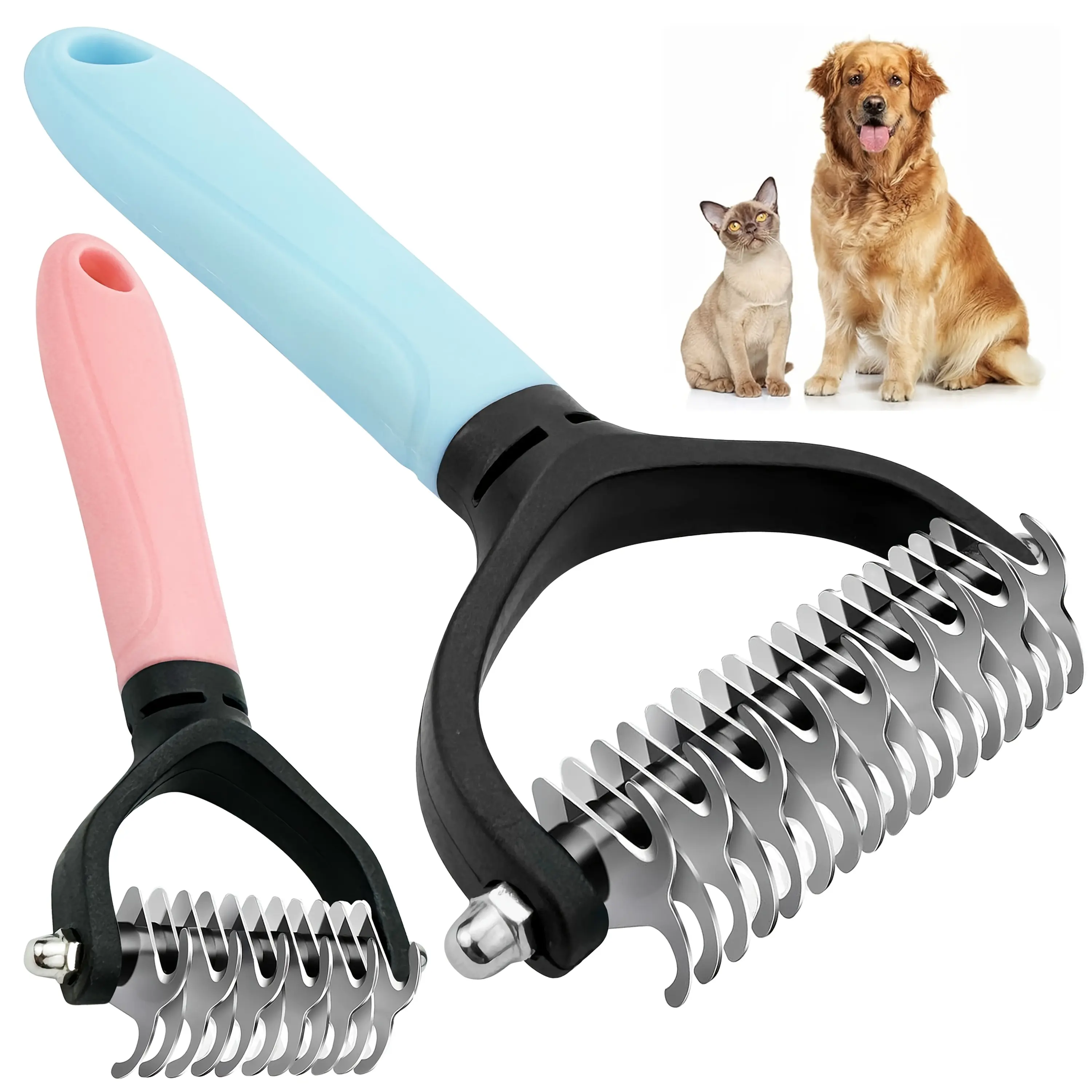 Stainless Steel Pet Dematting Comb - Double-Sided Undercoat Rake Grooming Tool with Groomer Tools, Tangle Removal for Long-Haired Cats, Dogs, Universal Fit Outdoor Use