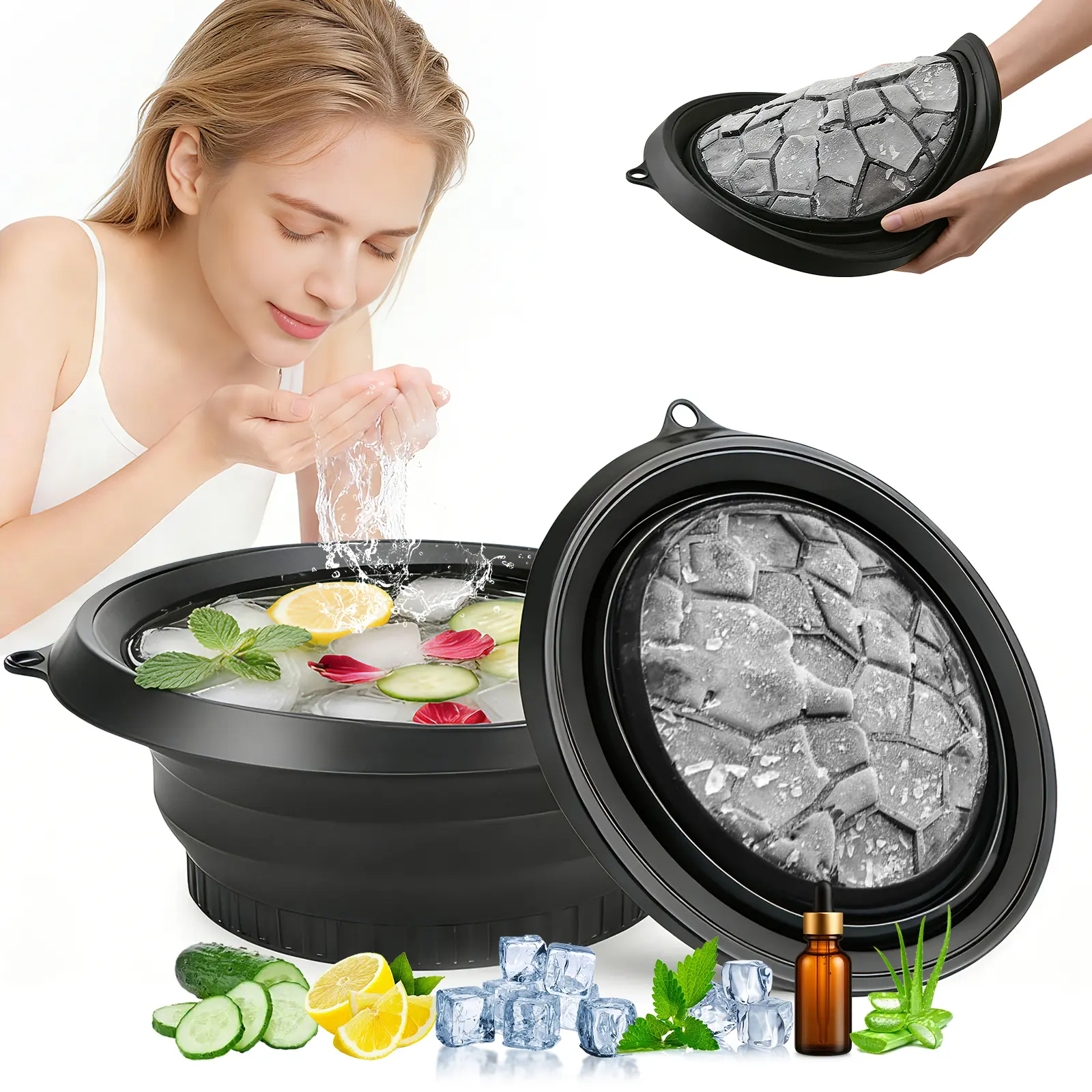 Face Bowl for Ice with Built-in Ice Tray Collapsible Silicone Facial Ice Bath Bowl Reusable Cold Plunge Basin Portable for Home Camping Travel Cold Bath Spa Tool Black Purple Gifts Calming Daily Therapy Tightening  Father's Day gift