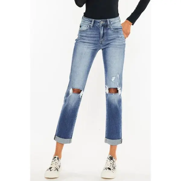 Kancan High Waist Distressed Hem Detail Cropped Straight Jeans