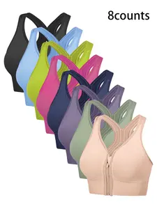 8-Pack Women's Cross Back Sports Bras, Deep V Design, Wire-Free, Medium Support, Front Zip, Yoga & Fitness, Sporty Lingerie, Summer Activewear, Sportswear Bra