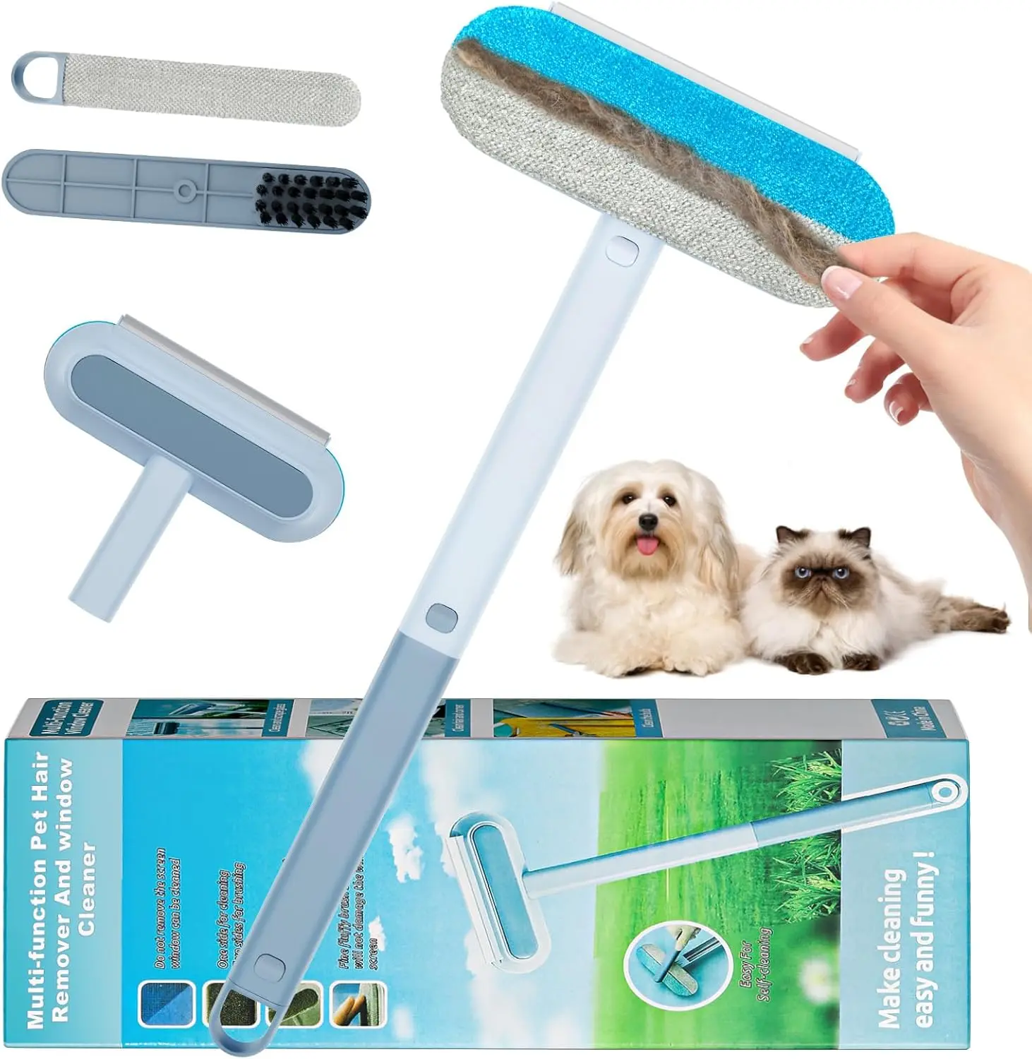【4 in 1】Pet Hair Removal Tool, Multi-functional, Reusable, Washable Lint Cleaner for Dog and Cat Hair, Gentle on Furniture, Effective on Carpets, Clothing, , Cat/Dog Hair Remover with Extra long Handle Adjustable Set Deshedding Tool