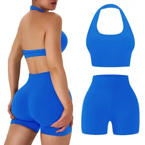 Jetjoy 2 Piece Workout Sets for Women; Halter Sports Bra Workout Seamless Padded Basic Bra Open Back Yoga Gym Crop Top+Scruched  Tummy Control Biker Shorts