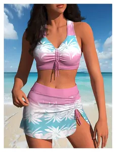 Two Piece Swimsuit for Women Pink Blue Ombre Palm Leaf Print, Halter Bathing Suit Ruched High Waisted Skirted Bottoms, Tummy Control Swimsuits for Teens