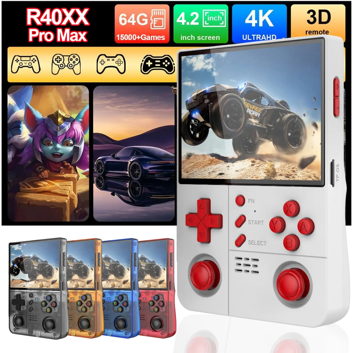 R40xx Promax Handheld Game Console, Upgraded R36s, Dual Joysticks, Online Multiplayer, WiFi, Retro Arcade Style, Ideal for Gamers
