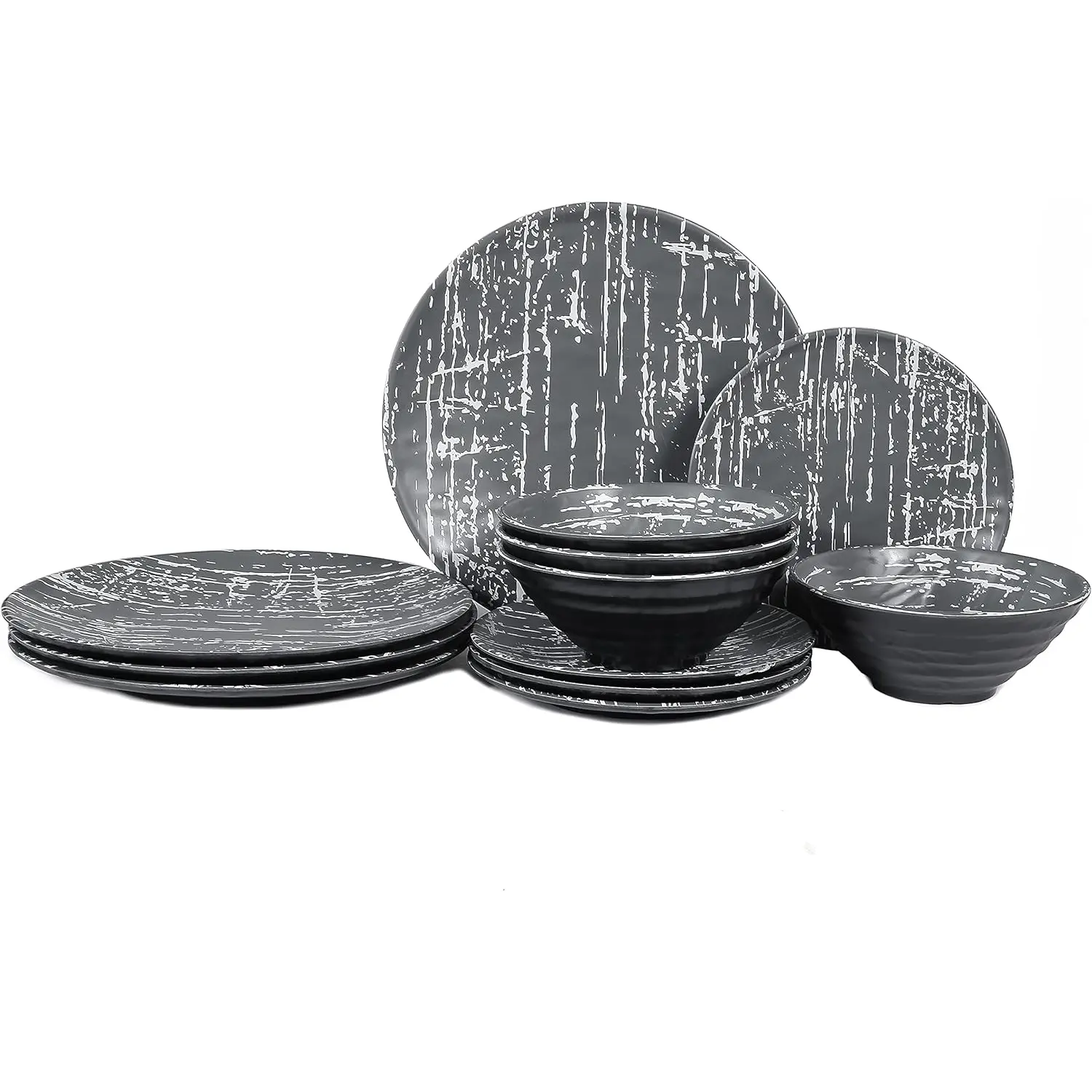 Dinnerware Sets, 12Pcs Melamine Plates and Bowls Set for 4, Dishes Dinnerware Sets, Lightweight, Black Aidio