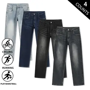 4-Pack Men’s Slim Straight-Leg Washed Denim Jeans, Classic Casual Bootcut Denim Pants for Basketball, Running, Cycling, Street, Everyday Wear