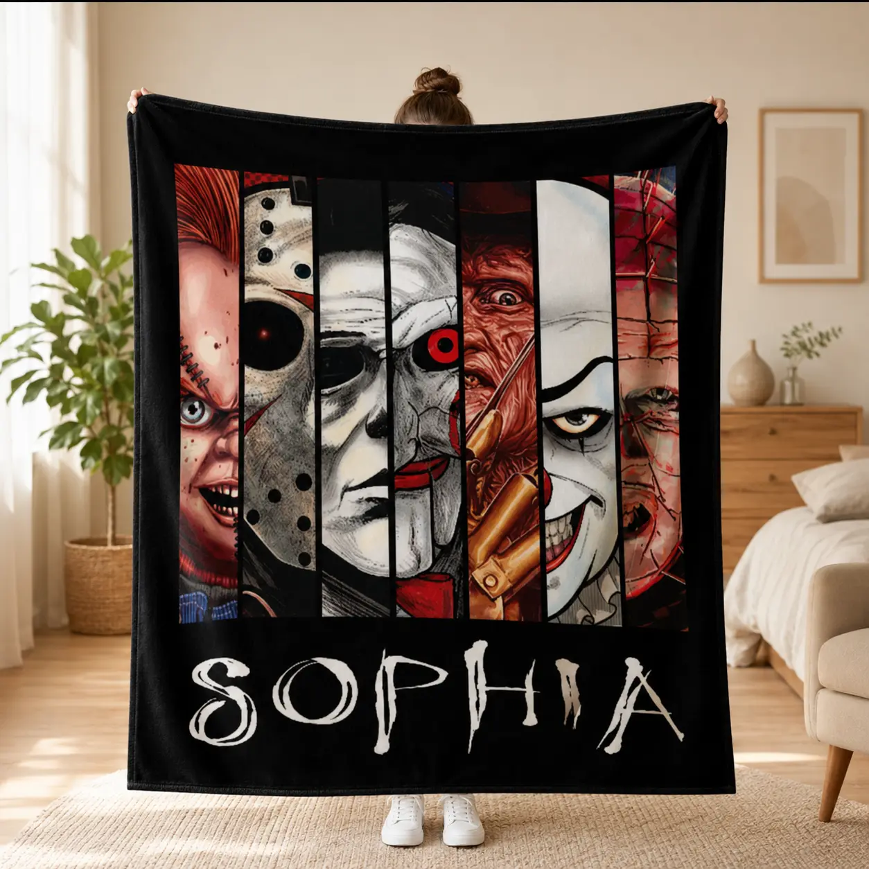 Custom Name Soft Fleece Throw Blanket, Classic Horror Movie Villains Slasher Design, Custom Spooky Halloween Gift for Best Friend