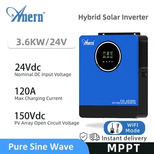 Anern 3600W Solar Inverter 24VDC to 110V/120VAC All in One, Pure Sine Wave Hybrid Inverter with 120A Mppt Solar Controller, Two AC Output, Max PV Power 4200W#Solar inverter
