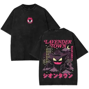 Retro 90s Gengar Ghost" Lavender Town Legend Anime Vintage Washed graphic Tee Unisex Anime Manga Washed Heavyweight Cotton T-shirt, Gift For Anime Fan, Anime Lover Streetwear