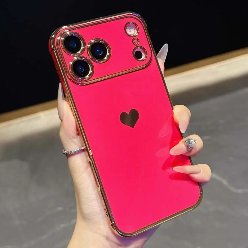 Luxury Gold Plating Cute Love Heart Case,Camera Protection,Dust-Proof Net,with Side Heart Pattern For iPhone 17 Pro Max Case 11 12 13 14 15 16