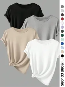 Women's Solid Color Round Neck Tee, Lady Casual Basic Minimalist Short Sleeve Crew Neck T-Shirt for Summer, Summer Outfits 2024, Simple Women's Top for Daily Wear, Womenswear