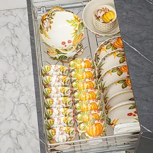 Cute Pumpkin Pattern Ceramic Tableware Set, Includes 2 Bowls and 2 Spoons, Perfect for Cereal Soup Yogurt Desserts, Ceramic Dinnerware Set