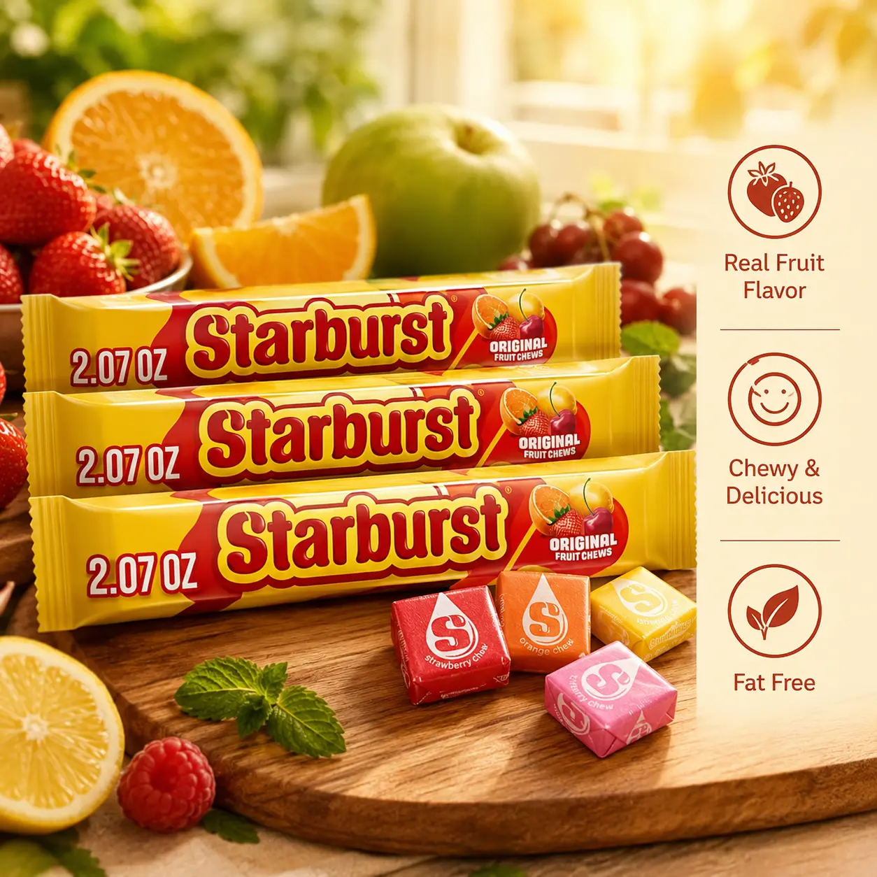 STARBURST Original Fruit Chews Chewy Candy, Full Size, 2.07 oz | Starburst candy for snacking: full size 2.07 oz individually wrapped Original Fruit Chews, chewy candy chews, gluten free (Pack of 3)